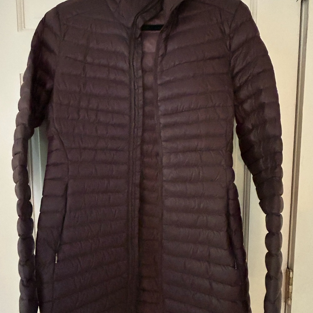 Burgundy 3/4 length down puffer Arcteryx coat